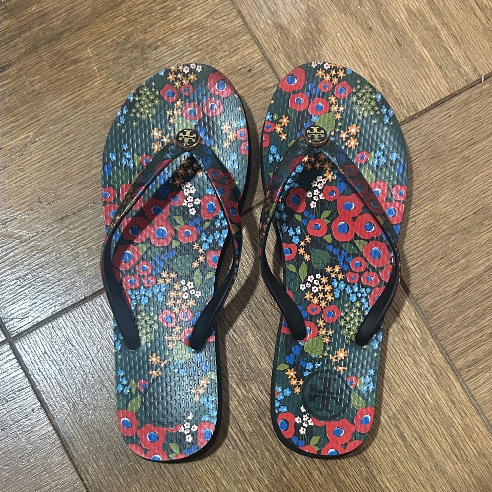 Tory Burch Red and Blue Floral Flip Flops